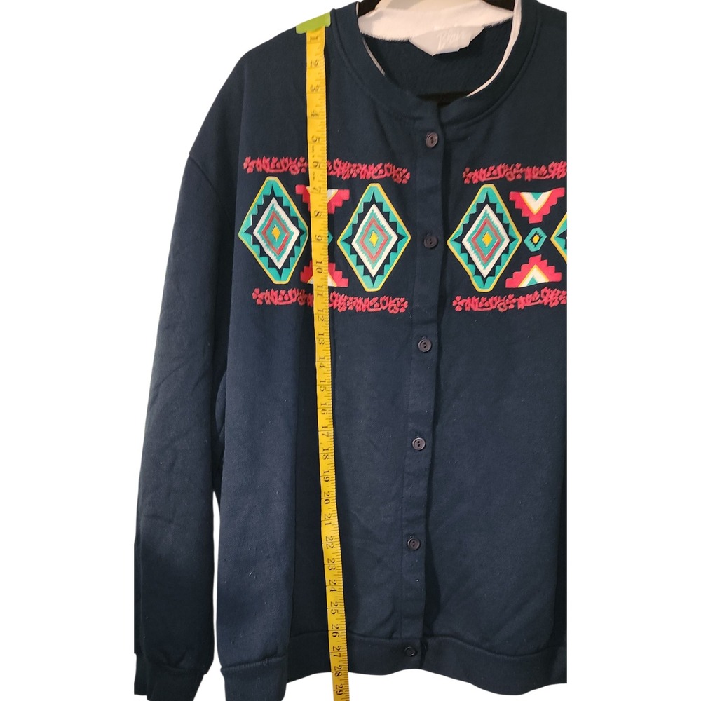 VTG 90's Blair Cardigan Sweater 3XL Navy Blue Embroidered Geometric Button Up - Picture 8 of 8
